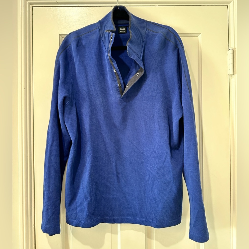 Hugo Boss men’s blue pullover sweater snap closure cotton top